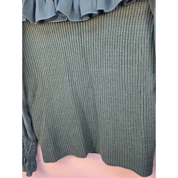 Kirundo Women's extra Large Sweater NWT Green Sheer High Collar Ruffle Preppy - Picture 12 of 16